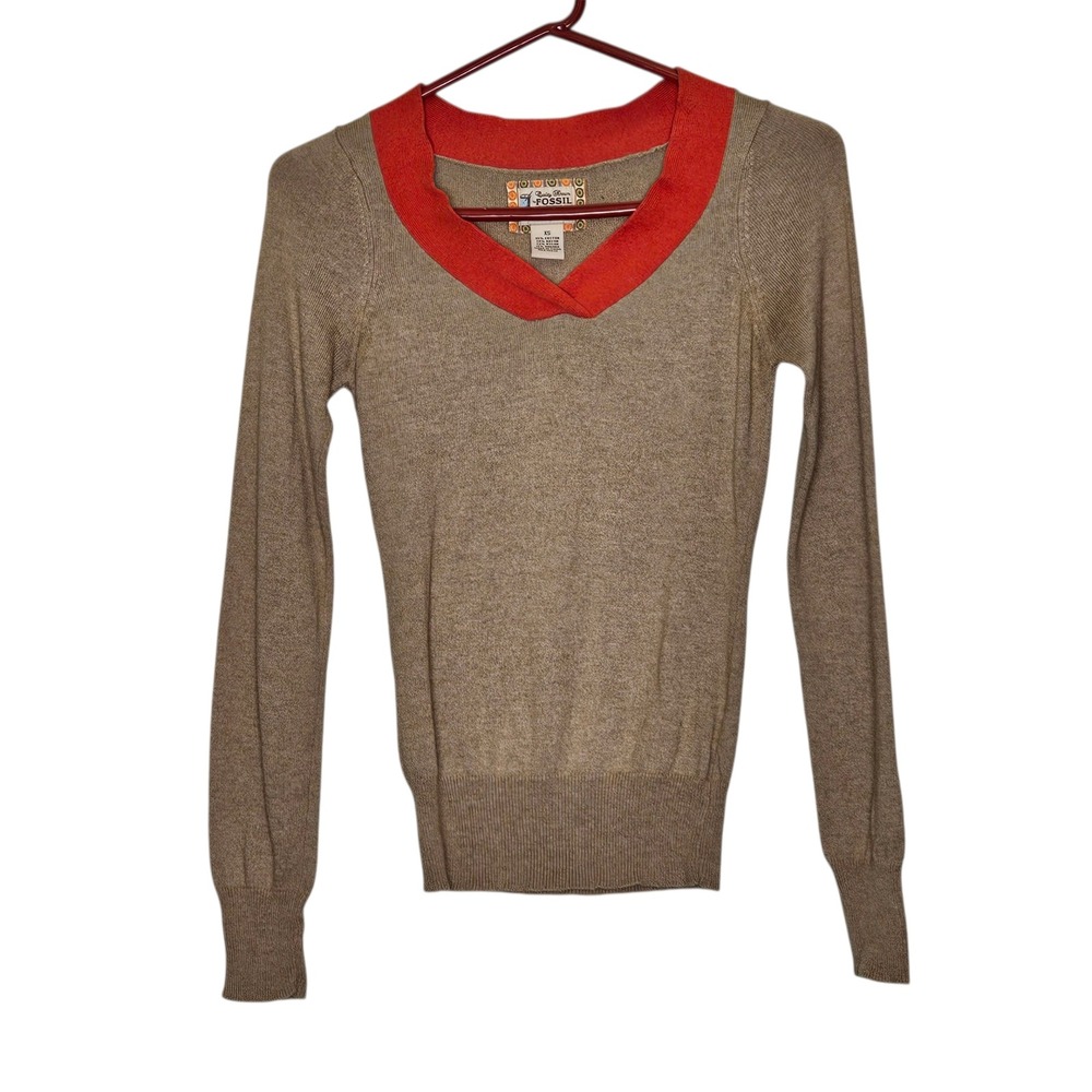 Fossil Women's XS Beige Angora Blend Sweater Red Trim Long Sleeve Knit Y2k 90s‎